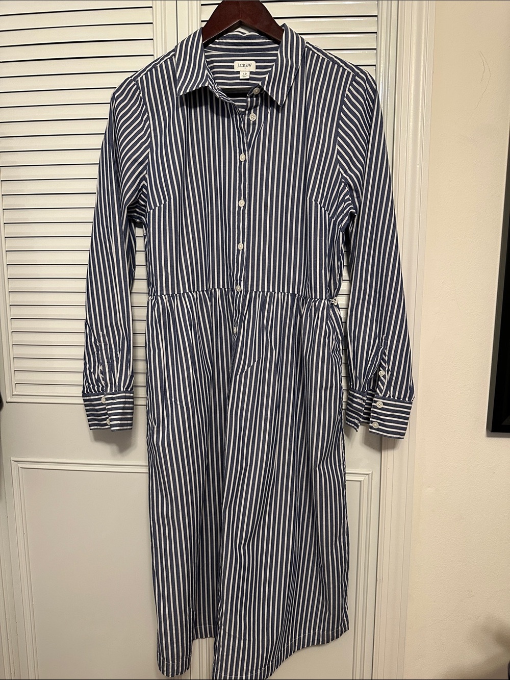 J. Crew Factory Navy & White Vertical Stripe Long Sleeve Shirt Dress